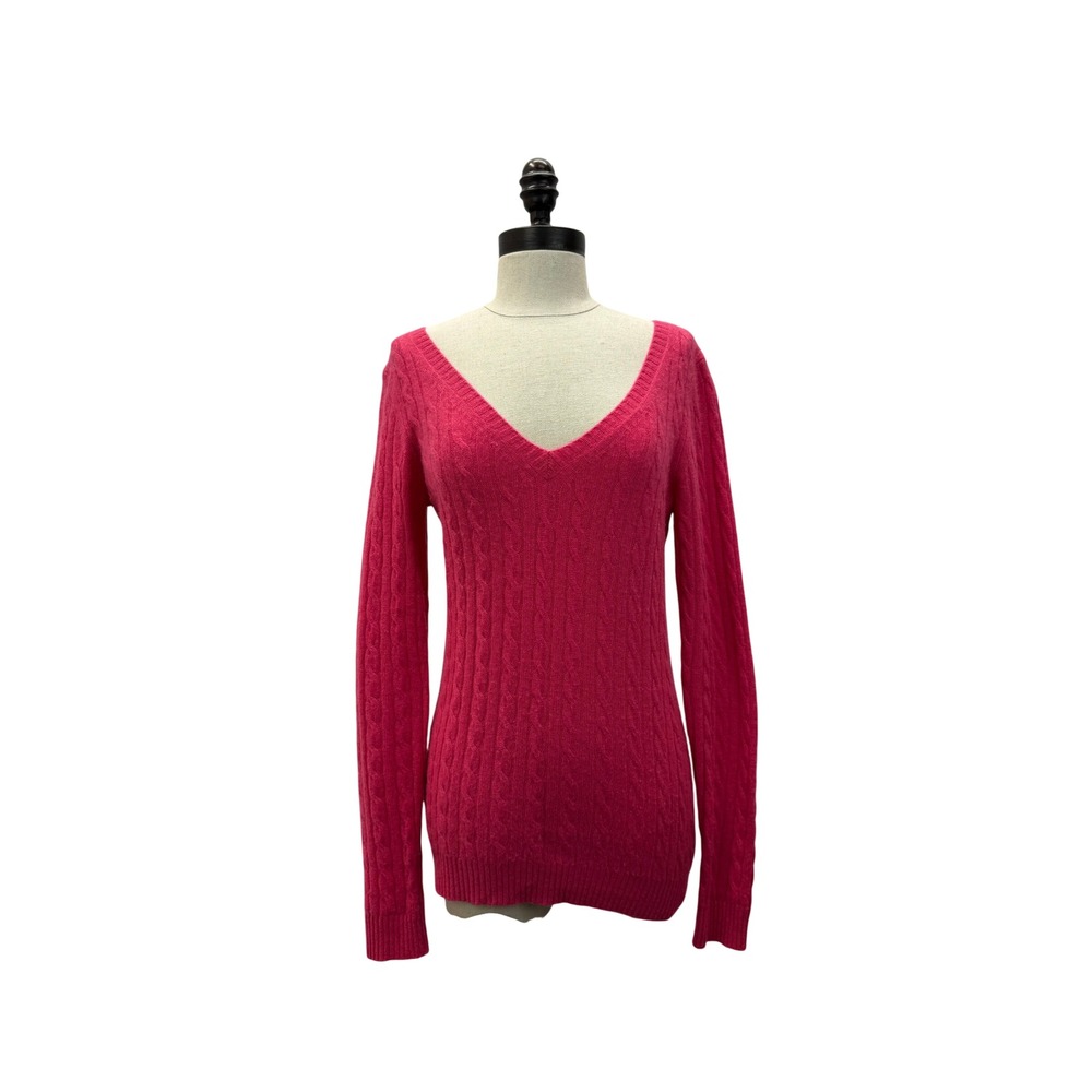 Aqua Cashmere Sweater Women S Pink Excellent Cable Knit V-Neck Long Sleeve